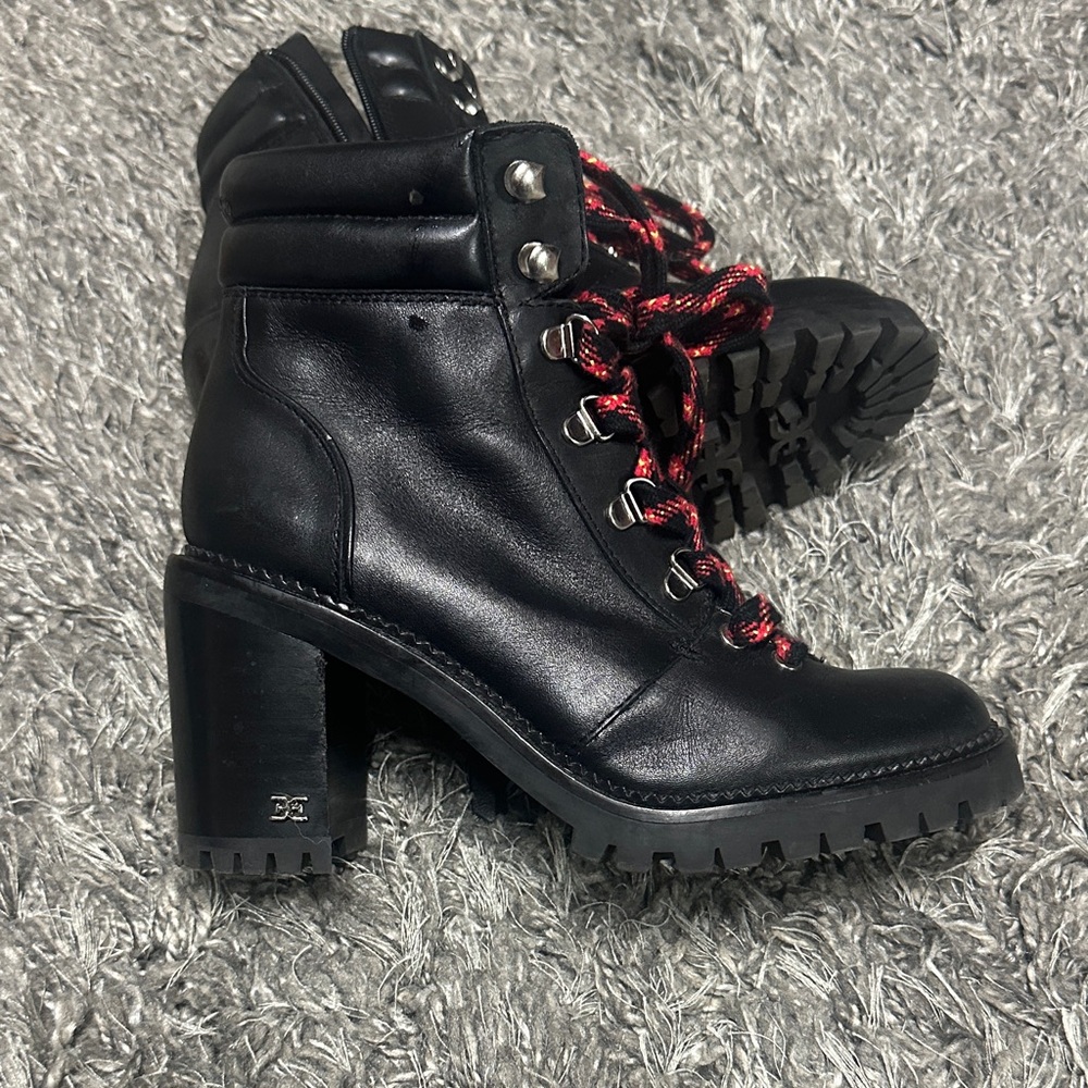 Sam Edelman Black Lace Up Boots with Red Accents